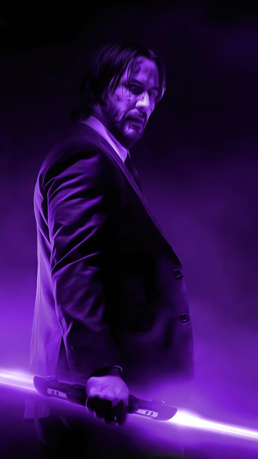 John Wick in a black suit holds a glowing purple sword amidst dark shadows and vibrant neon atmospheric lighting.