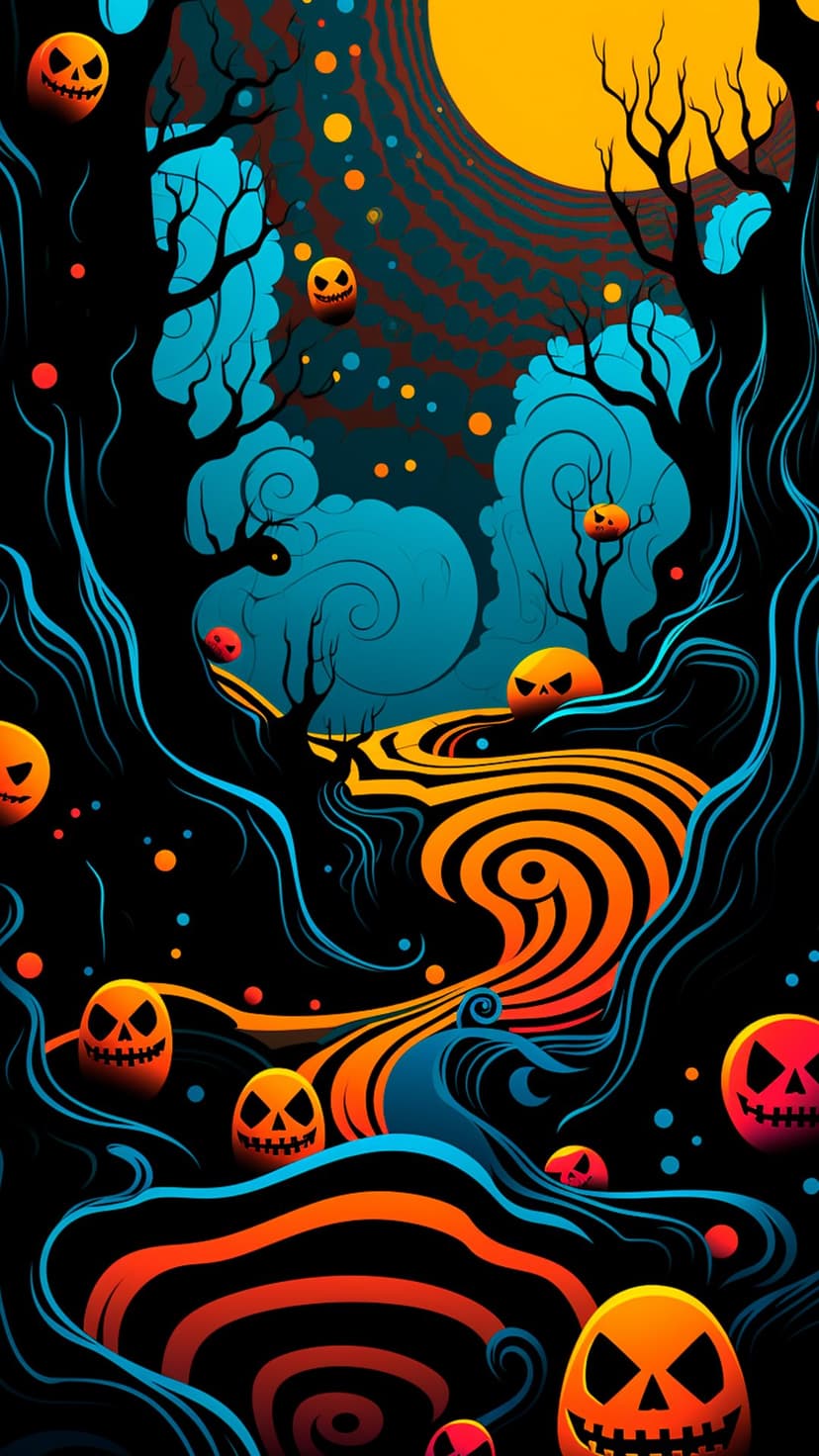 Carved jack-o'-lanterns glow at the base of twisted trees beneath a bright moon in a dark, swirling autumn forest.