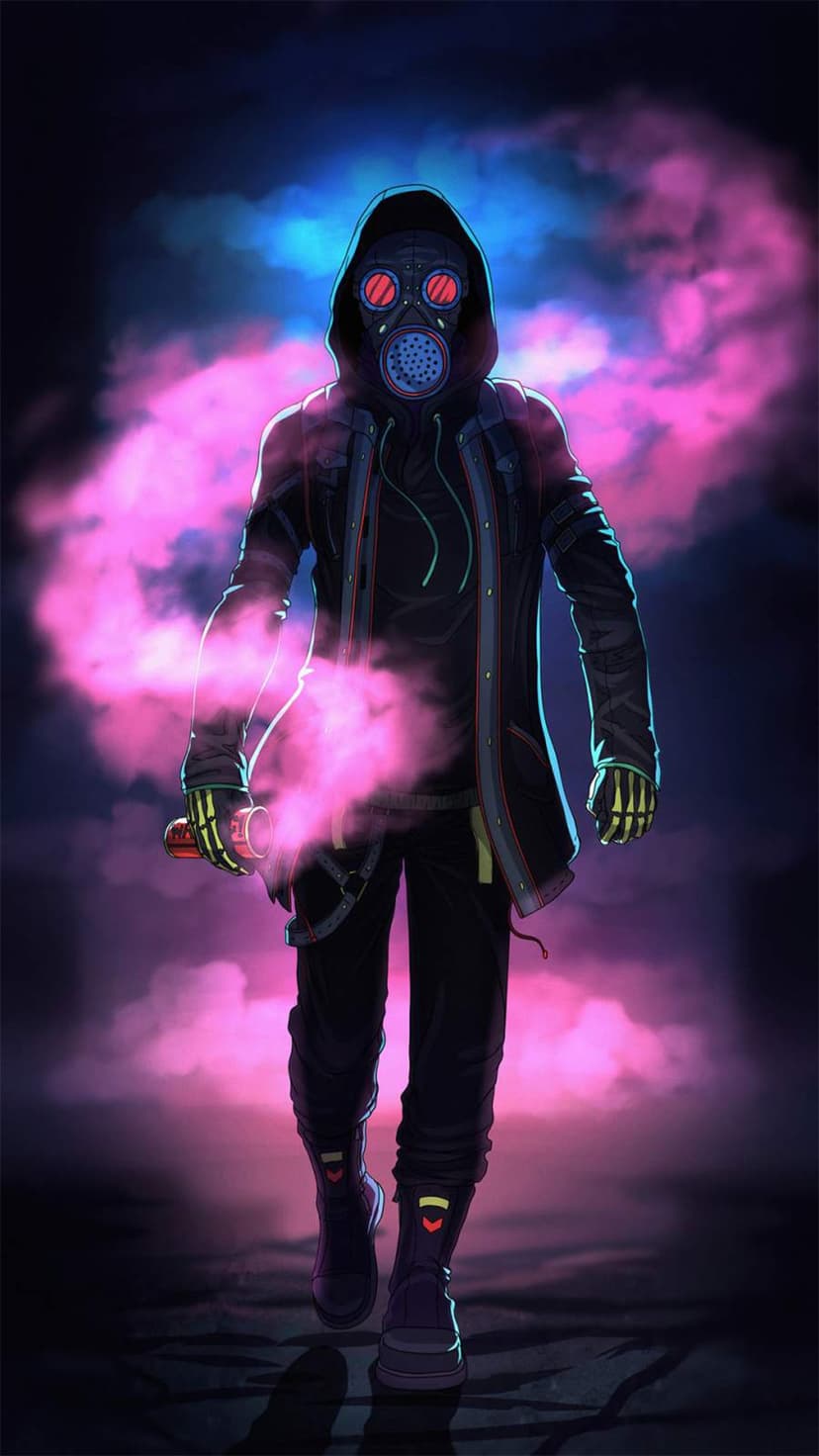 Masked figure with red lenses and glowing skeletal hands walks through thick pink and blue neon smoke clouds.