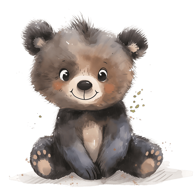 Watercolor baby bear cub sitting on textured white ground with brown fur details and artistic paint splatters.