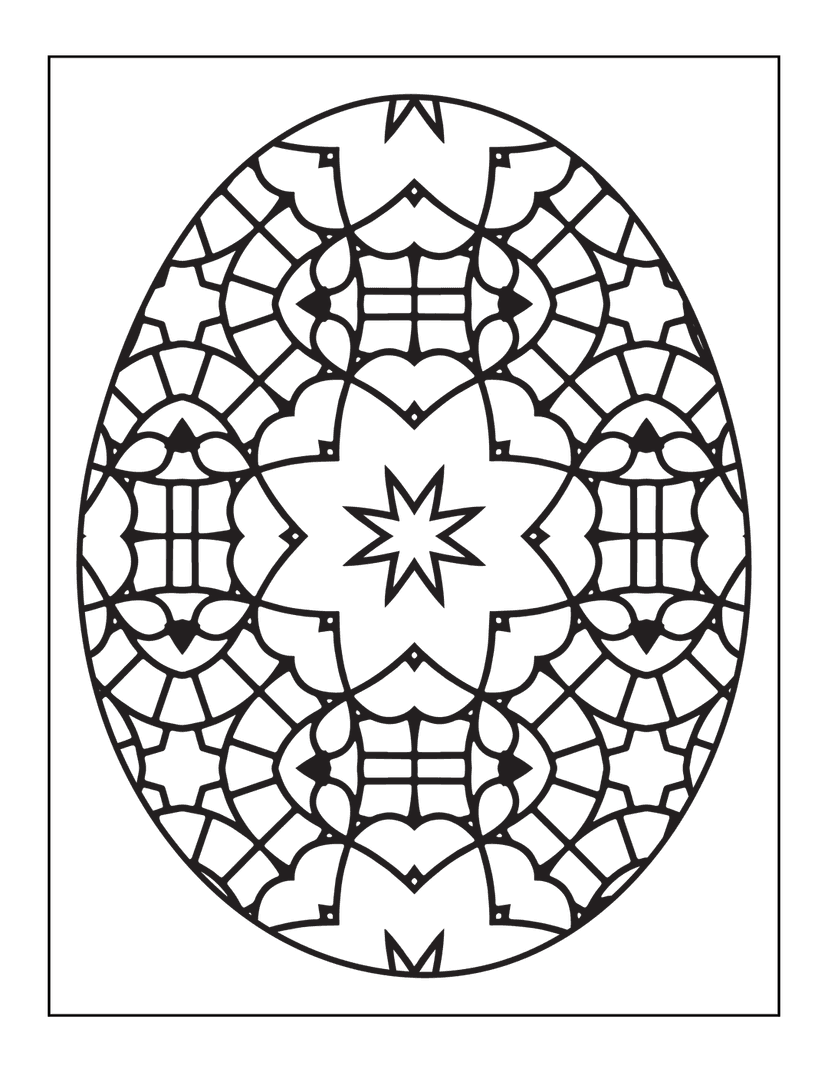 Detailed egg mandala line art featuring white geometric patterns on a solid black background with radial symmetry.