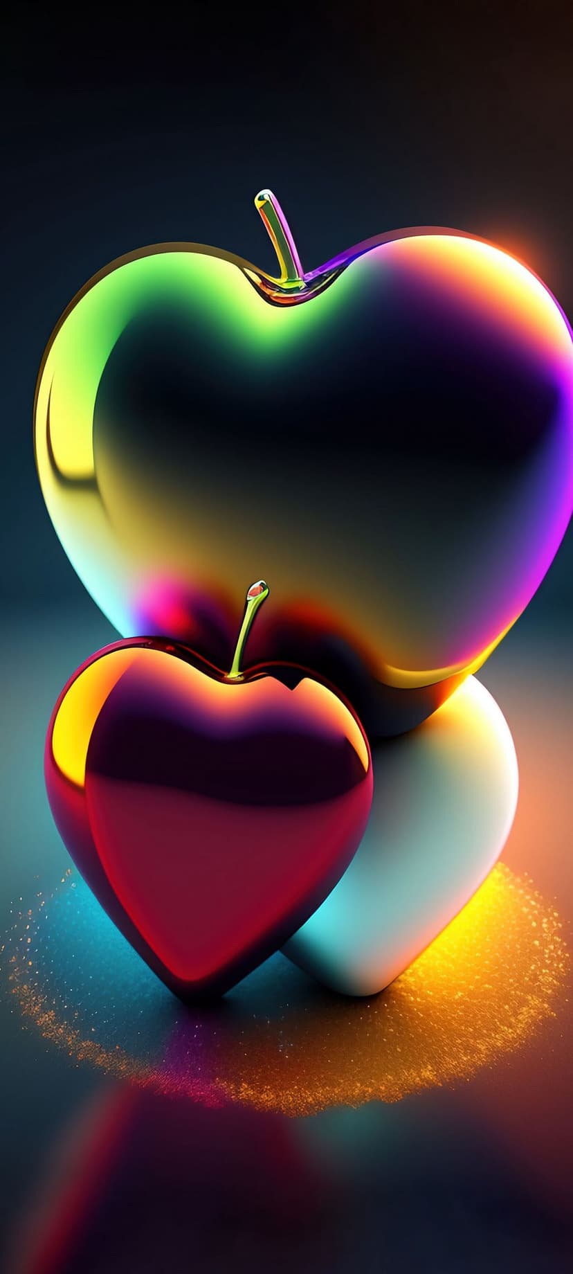 Iridescent glass heart resting on a red sculpture with floating gold dust and blue ambient studio lighting.