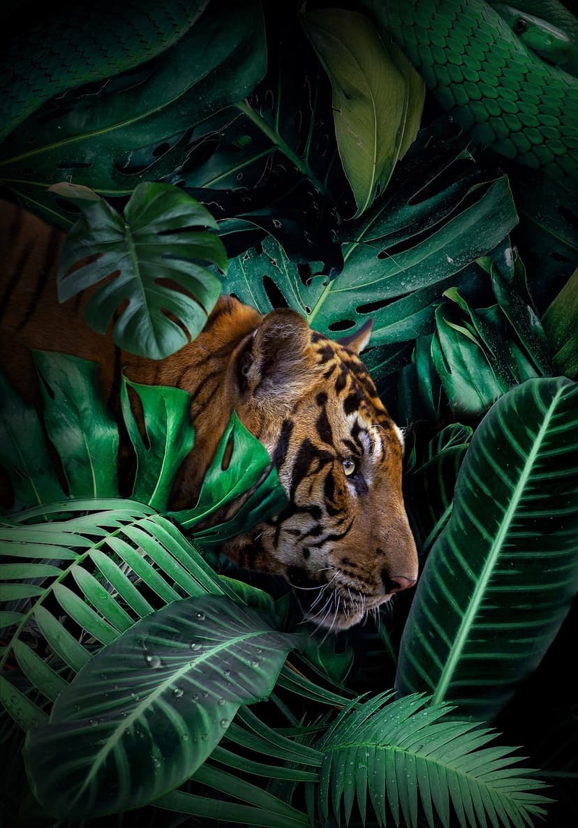 Tiger with orange stripes peeking through wet green jungle leaves in a dense tropical rainforest setting.