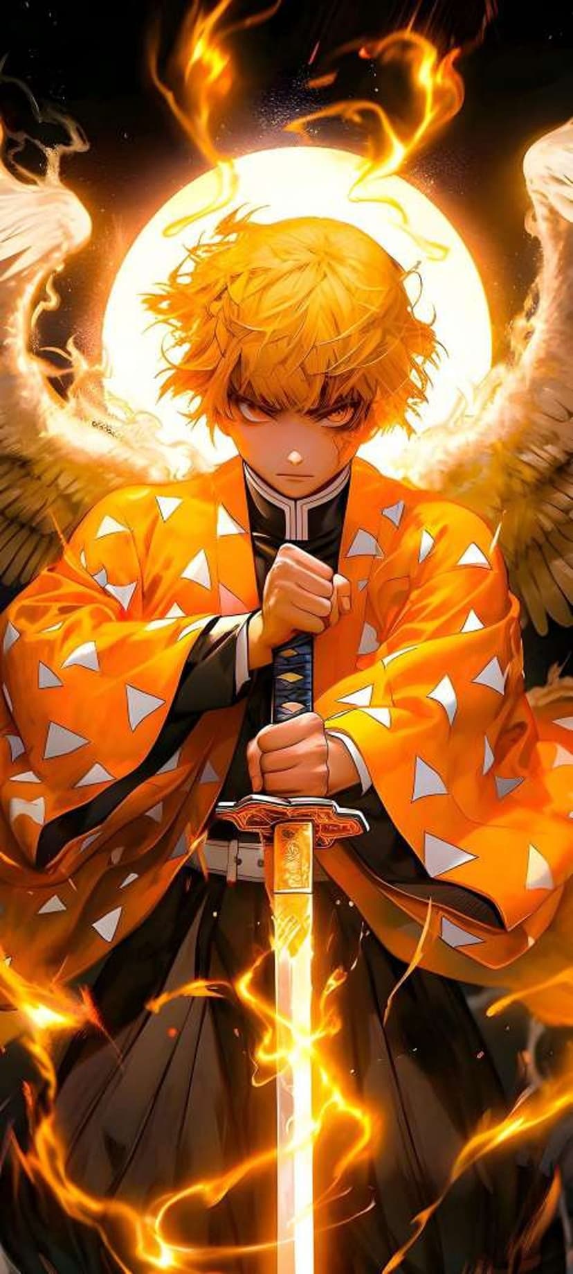 Zenitsu Agatsuma holds a katana amidst golden flames, celestial wings, and a glowing solar halo background.