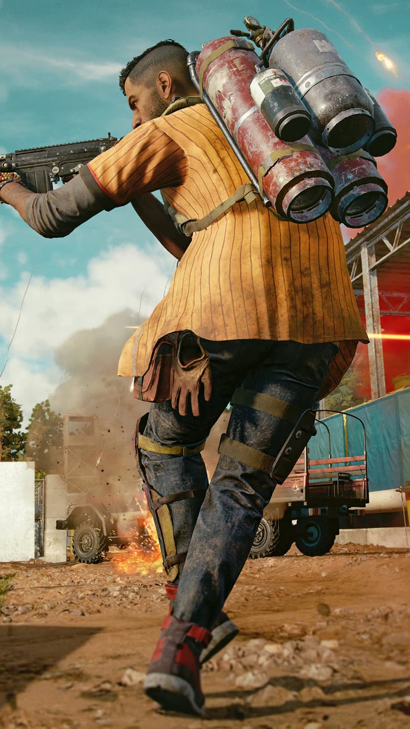Man in yellow baseball jersey with a gas tank backpack runs past an explosion in a dusty combat zone.