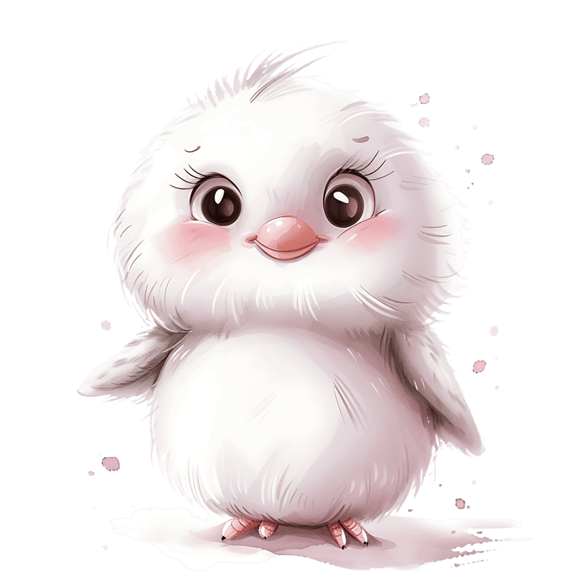 White chick illustration with soft feathers and pink cheeks standing on a decorative base with pastel dots.