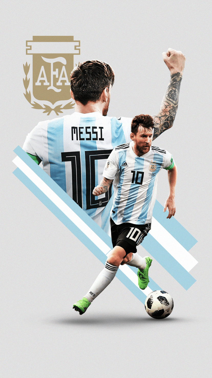 Lionel Messi wearing an Argentina jersey dribbles a ball beside a silhouette of him celebrating with a raised fist.