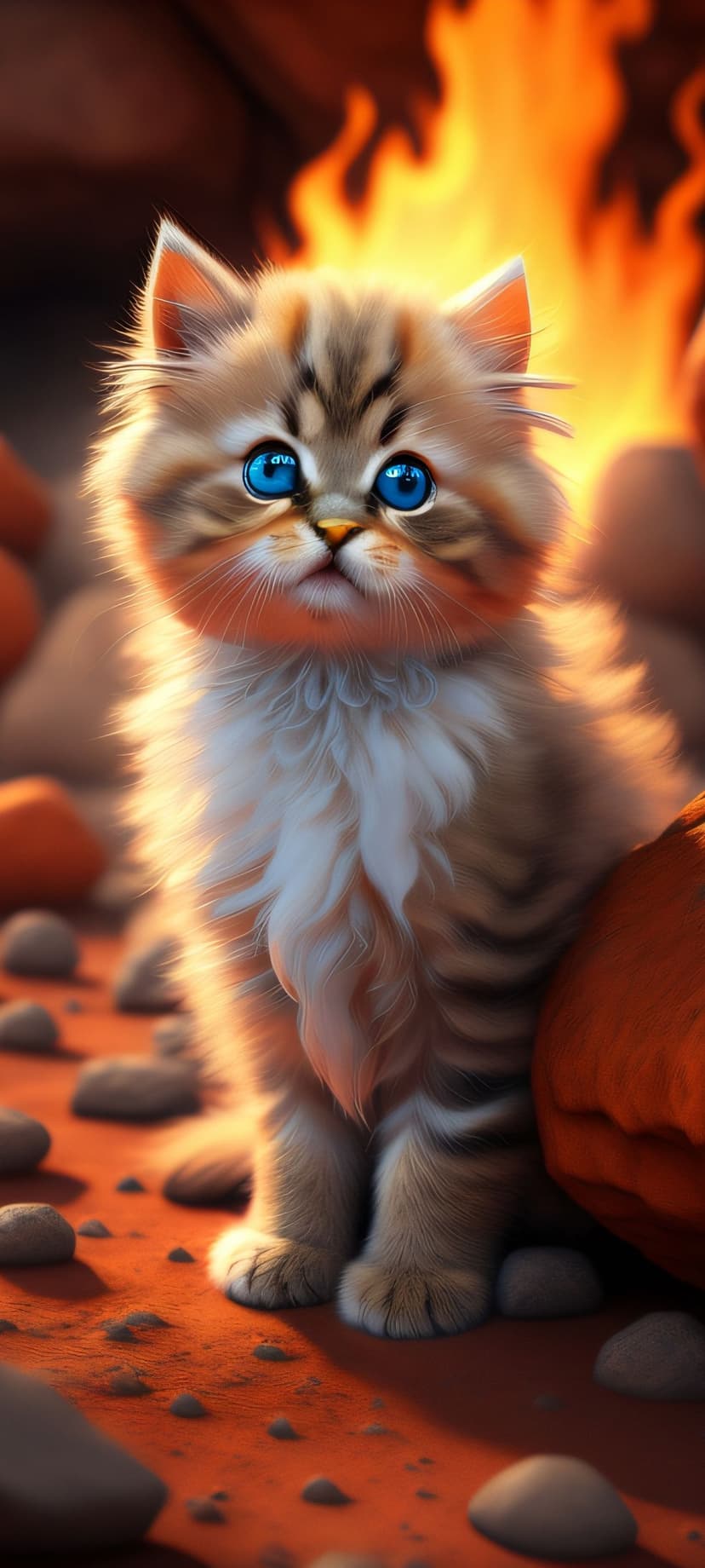 Fluffy kitten with bright blue eyes sits near a warm fireplace on a stone surface with soft amber lighting.