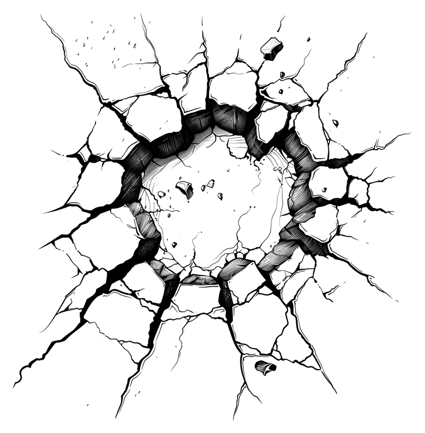 Cracked ground texture featuring jagged black fissures and radiating fracture lines on a neutral grey surface.