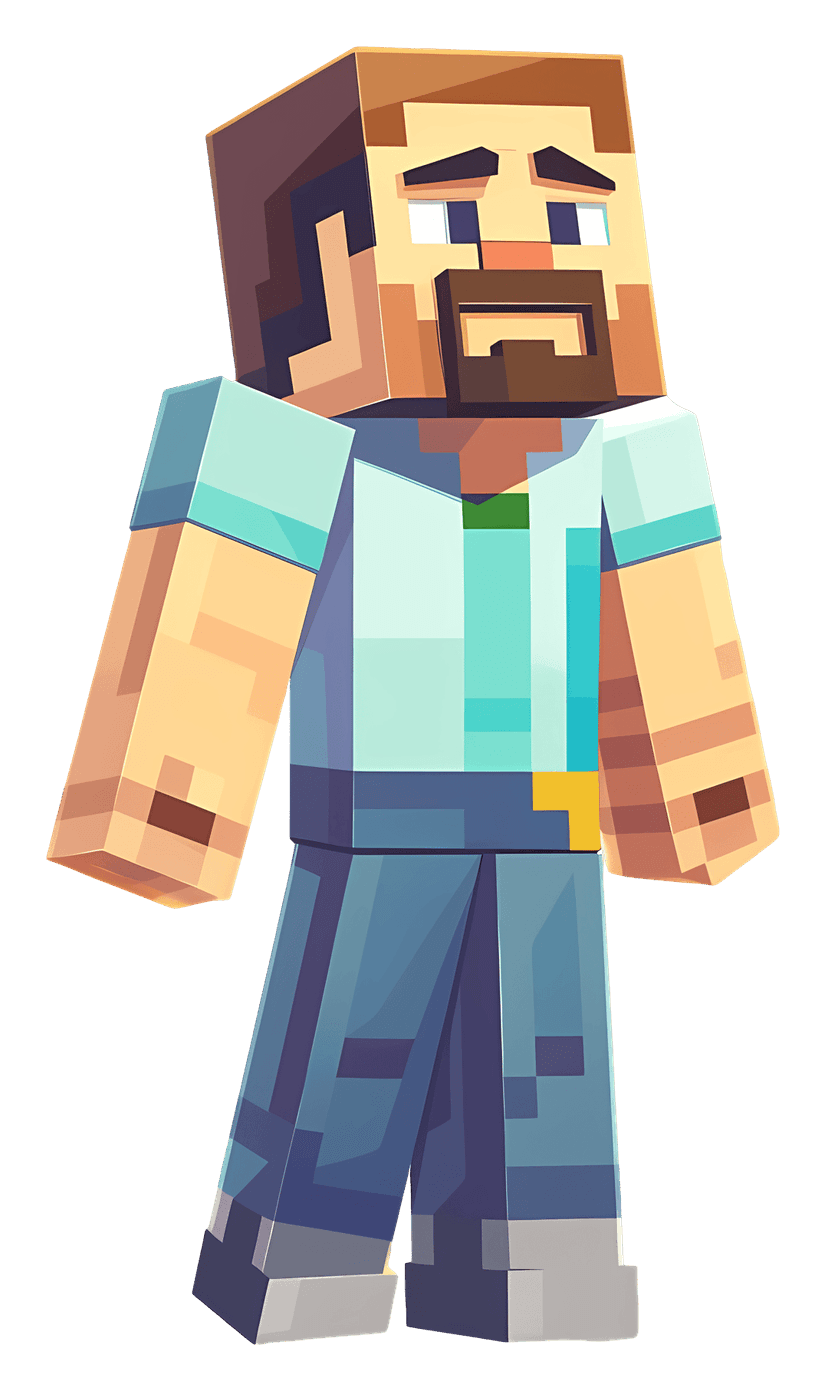 Blocky game character with brown beard wears blue clothing on a transparent background in pixel art style.