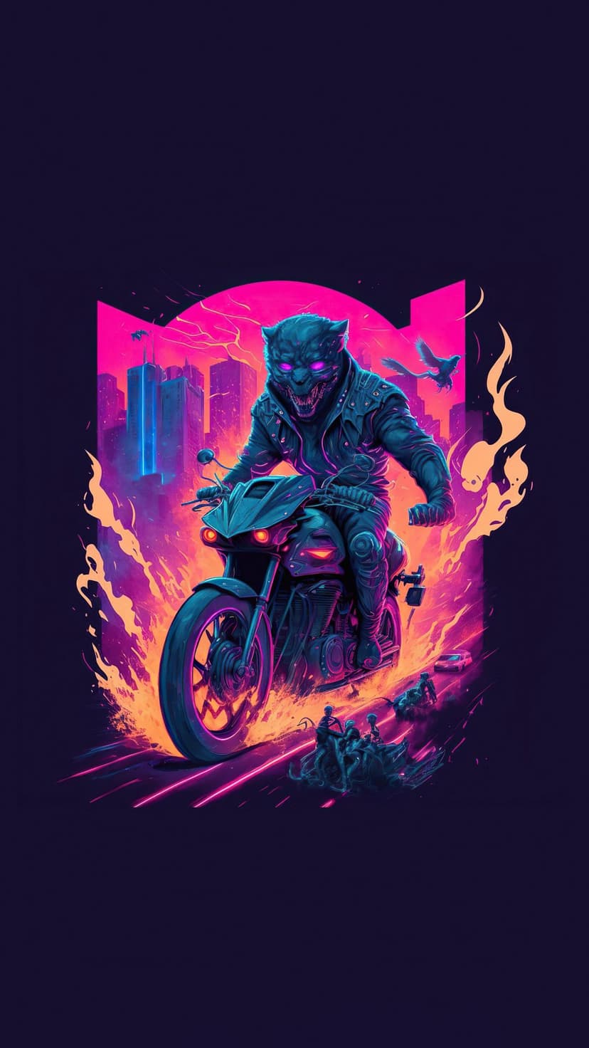 Panther-headed biker on a motorcycle amid glowing pink and blue neon city lights with fiery orange sparks.