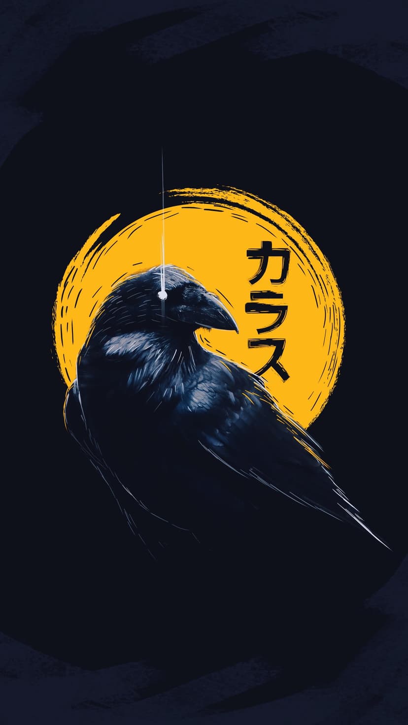 Black raven with textured feathers perches before a yellow brushstroke sun and Japanese kanji characters.