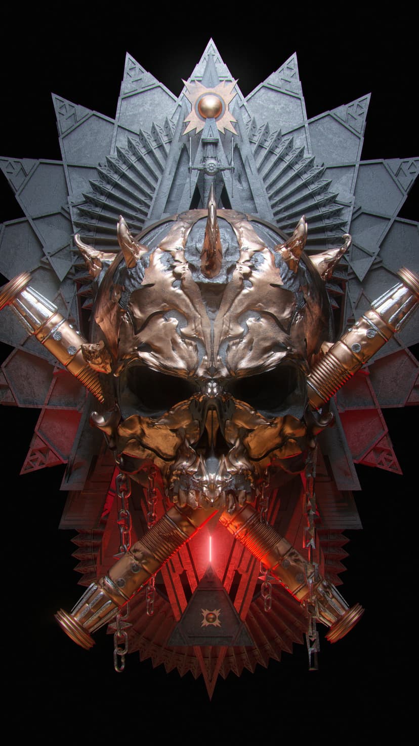 Metallic skull with horns and ornate engravings set against red glowing geometric shapes and industrial pipes.