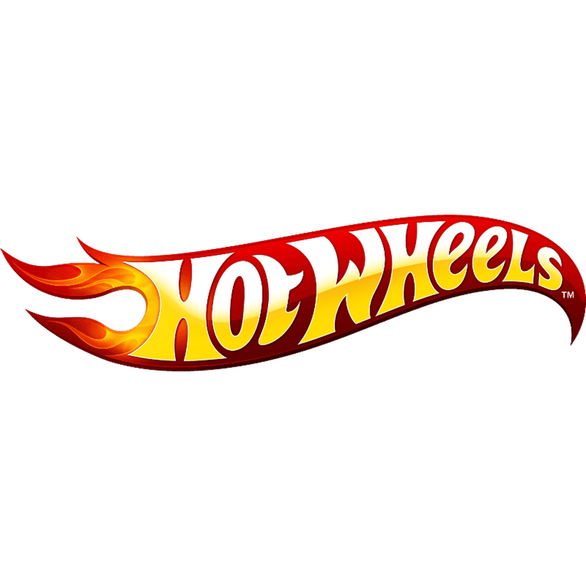 Hot Wheels logo features a vibrant red flame silhouette surrounding yellow bold text against a transparent backdrop.