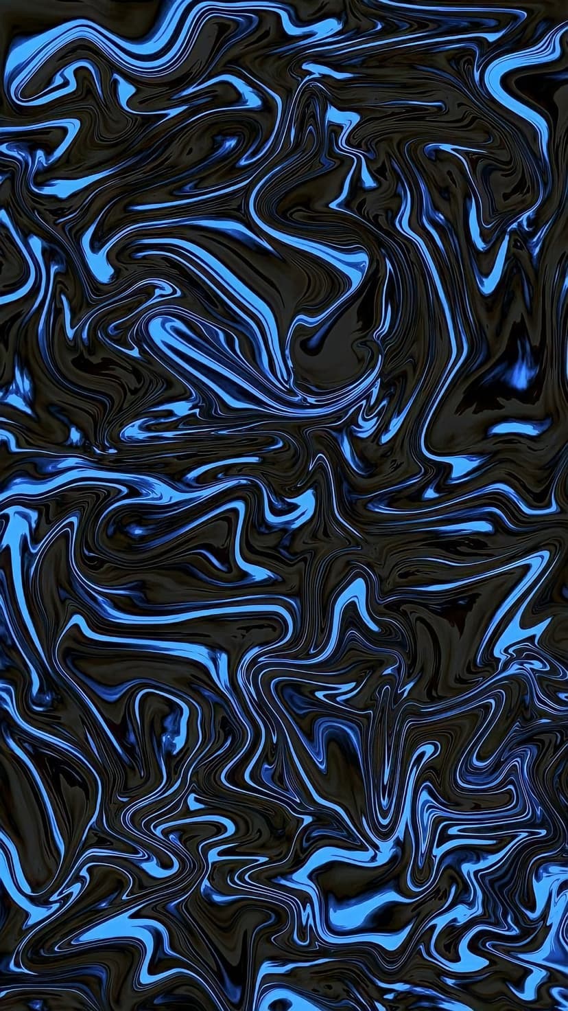 Vibrant blue fluid lines curve and swirl across a deep black surface with high-contrast marble textures.