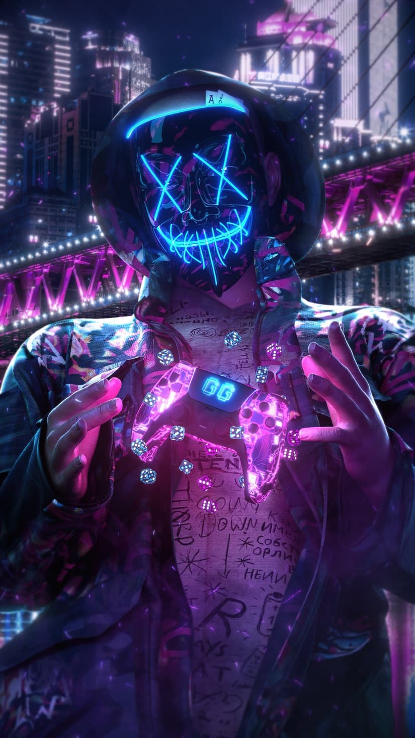 Hooded figure wearing a neon X mask and graffiti jacket stands before a glowing futuristic city at night.