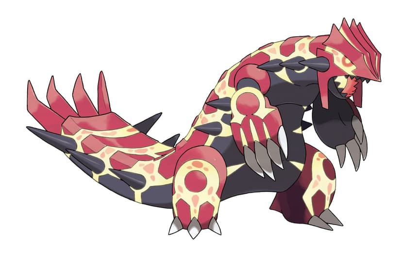 Primal Groudon with glowing magma patterns and black spikes in a powerful crouched pose on a white background.