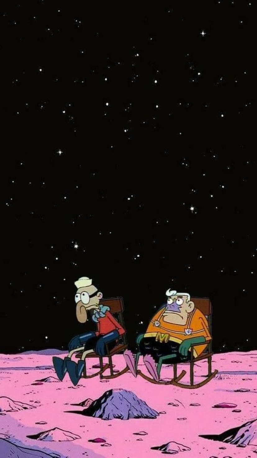 Two animated men in rocking chairs sit on a pink rocky planet looking up at a dense star-filled black sky.