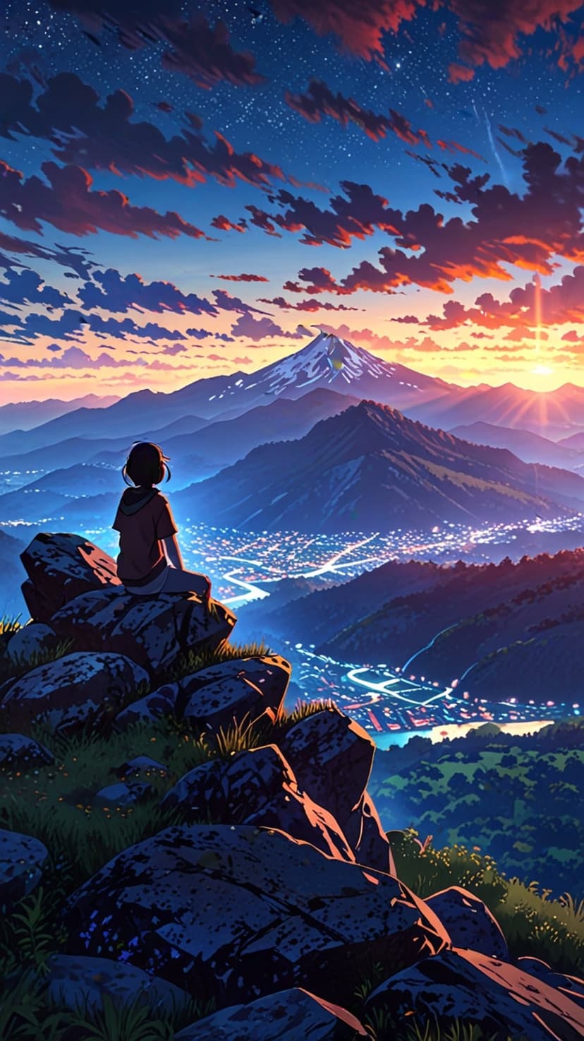 Lone figure sitting on a rocky ledge overlooking a glowing twilight city nestled among high mountain peaks.