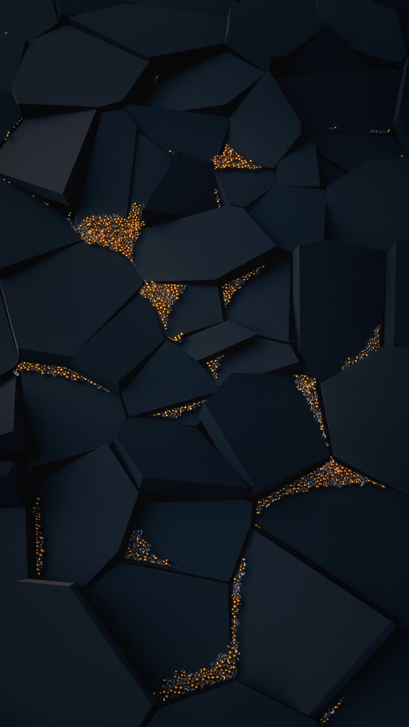 Fractured dark geometric planes containing luminous golden glitter and sparkling amber-toned particles.