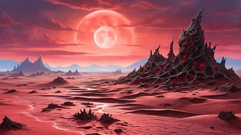 Two glowing moons hang above a red desert with jagged black rock formations and sharp mountain peaks.