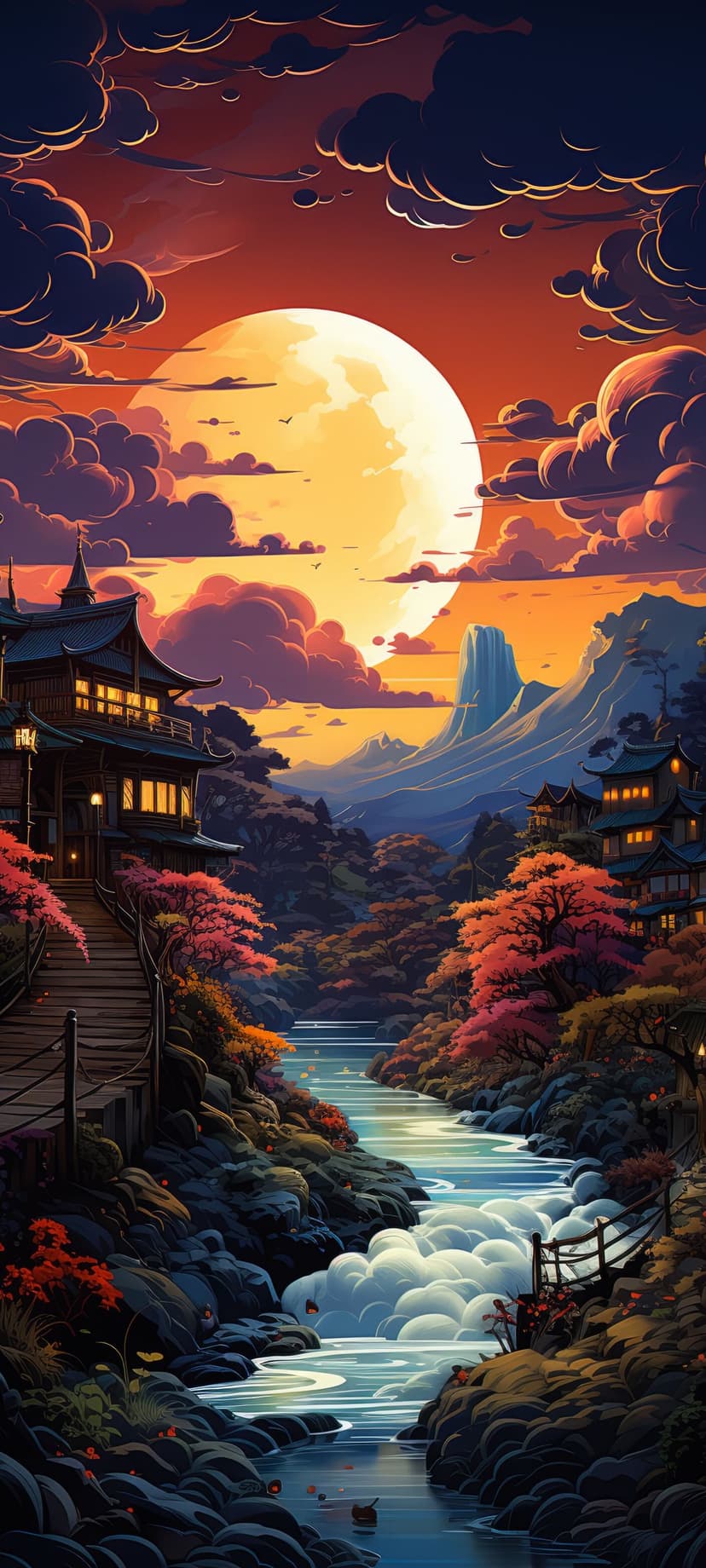 Traditional Japanese pagodas beside a river in a mountain valley during a sunset with a rising full moon.