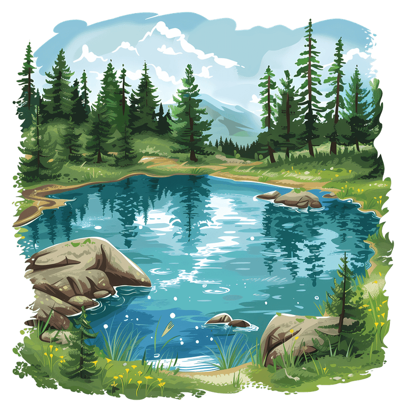 Alpine lake forest illustration features snow capped mountains reflected in calm water beside pine tree woods.