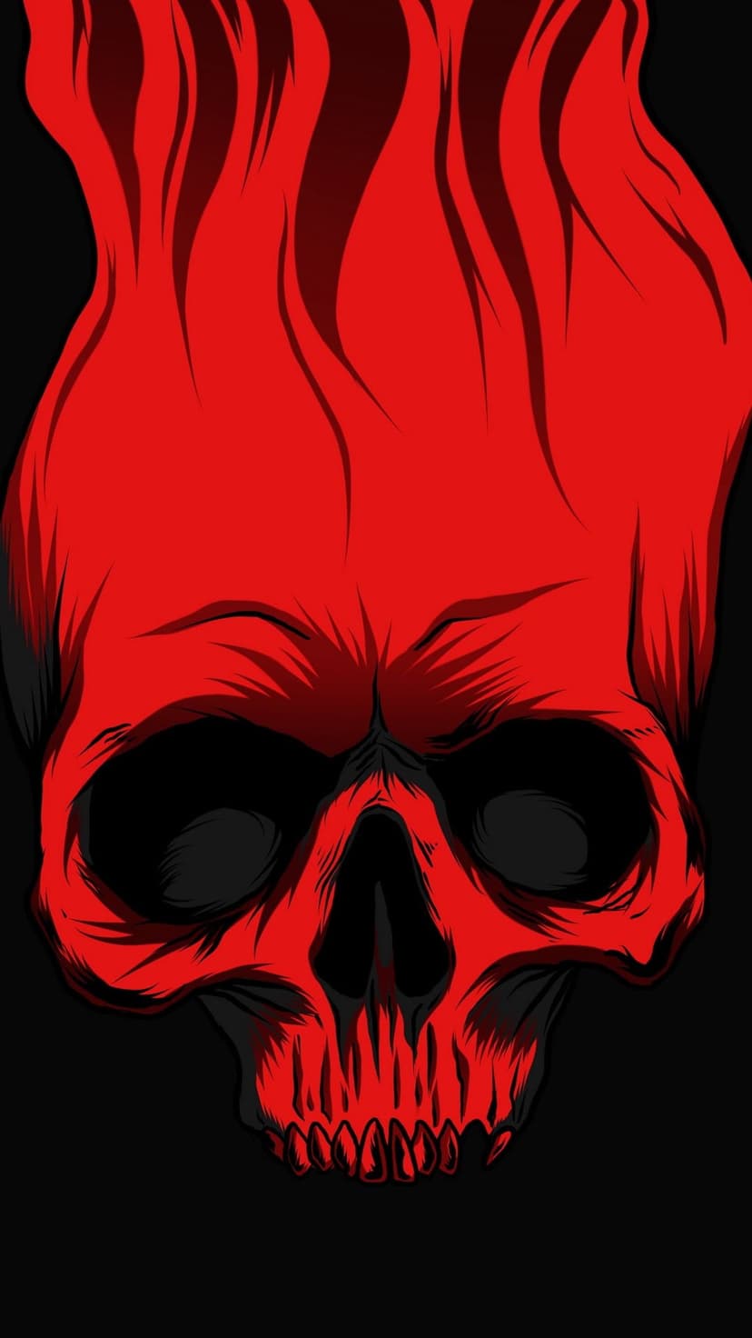 Red skull with black flames rising from its crown against a dark background for mobile screen displays.