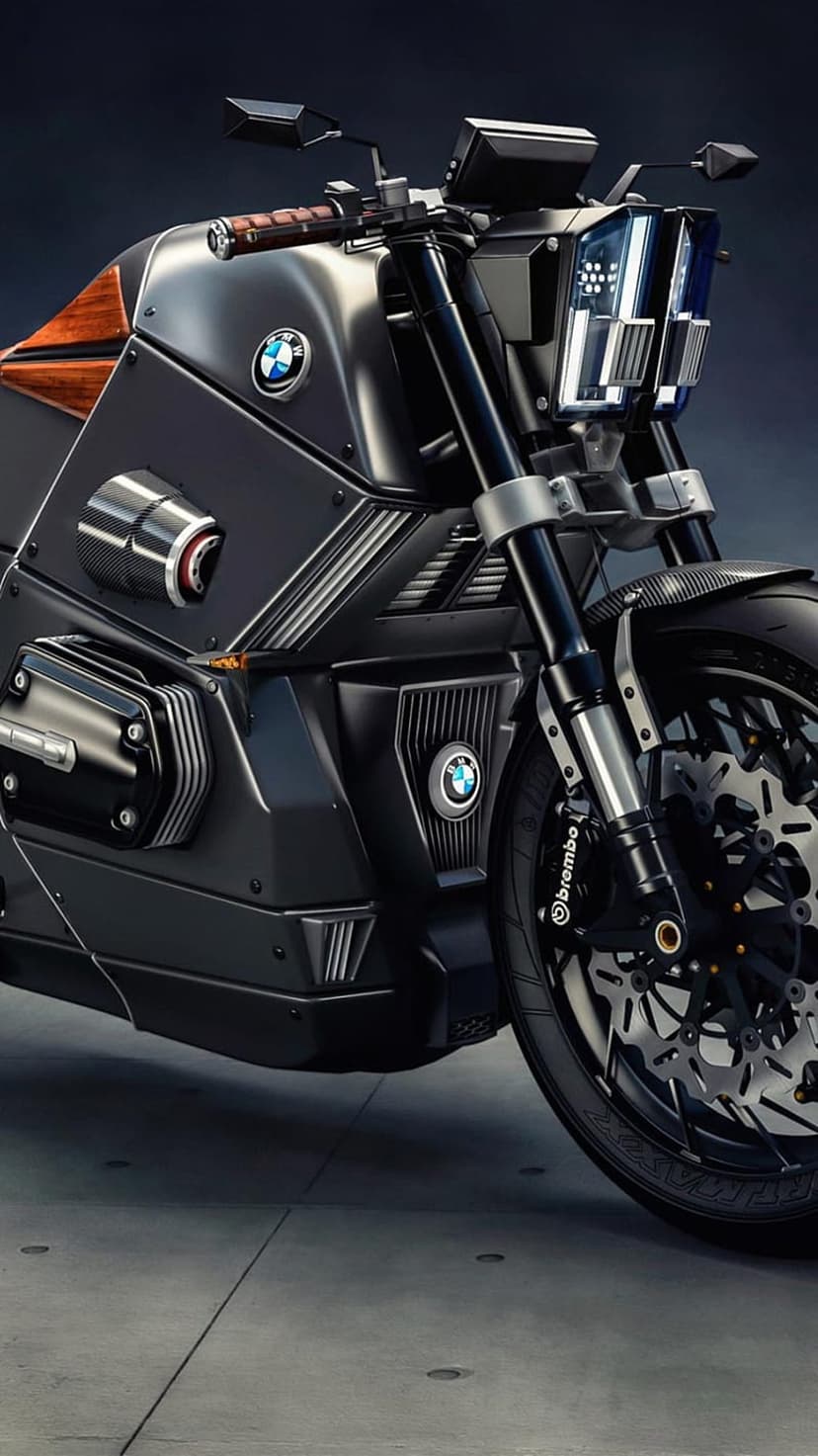BMW concept motorcycle featuring integrated LED lighting, wooden tank accents, and high-performance Brembo brakes.