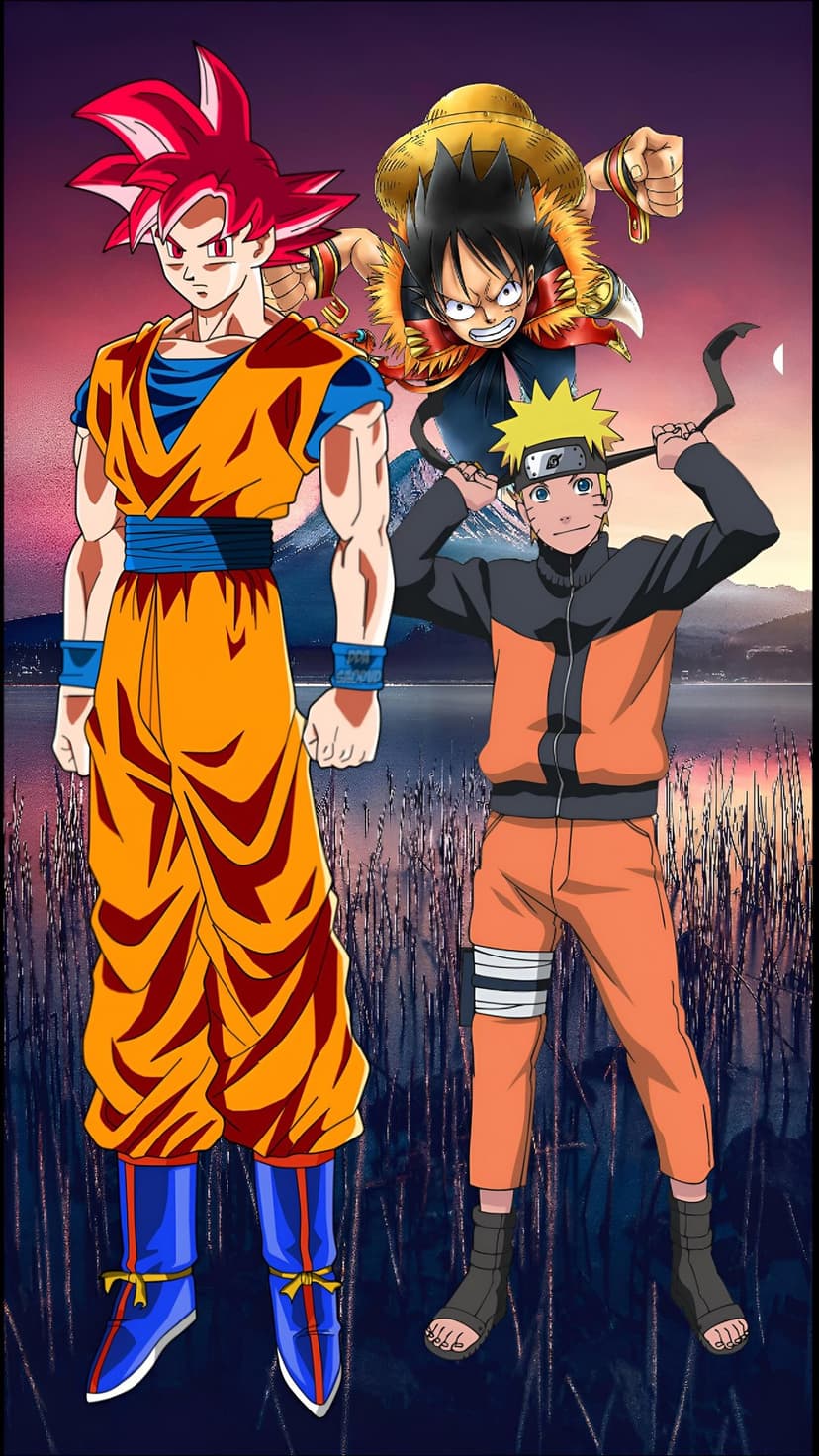 Goku, Luffy, and Naruto stand in powerful combat poses against a scenic, glowing sky with swirling energy aura.