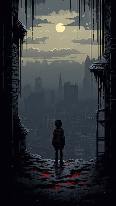 Lone child gazes at rainy city under pale moon