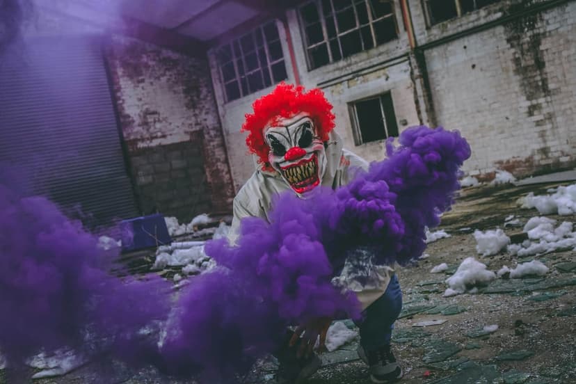Masked clown with red hair holds purple smoke canisters inside a dark, dilapidated industrial building.