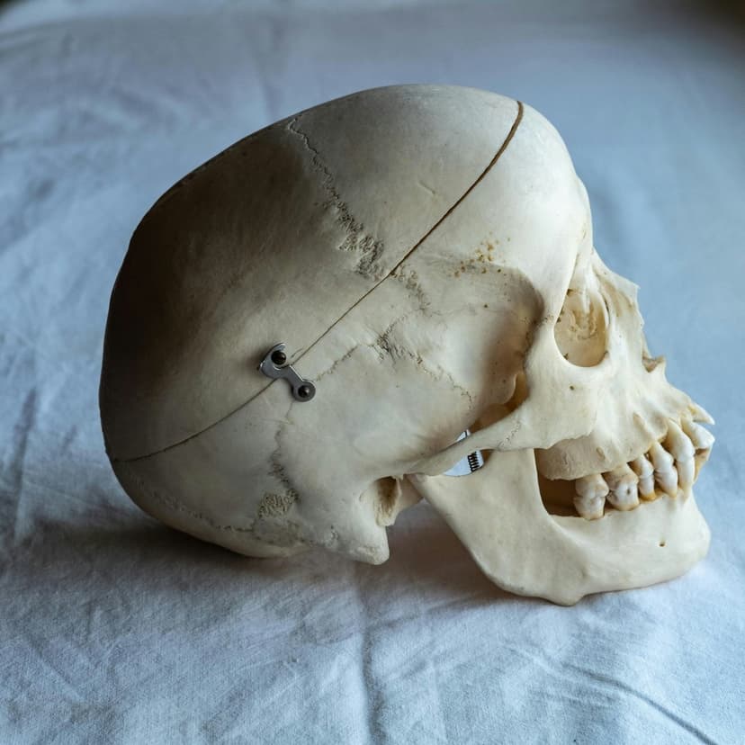 Human skull model profile showing cranial sutures and a detachable metal-hinged jaw on textured white fabric.