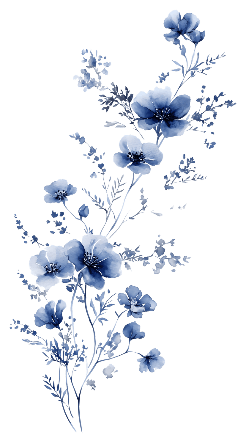 Blue watercolor flowers feature soft feathered petals and semi-transparent layers against a clear background.