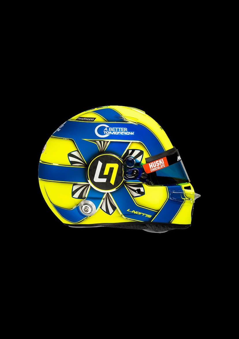 Lando Norris's yellow and blue McLaren F1 helmet featuring the LN7 logo and sponsors in a vertical view.