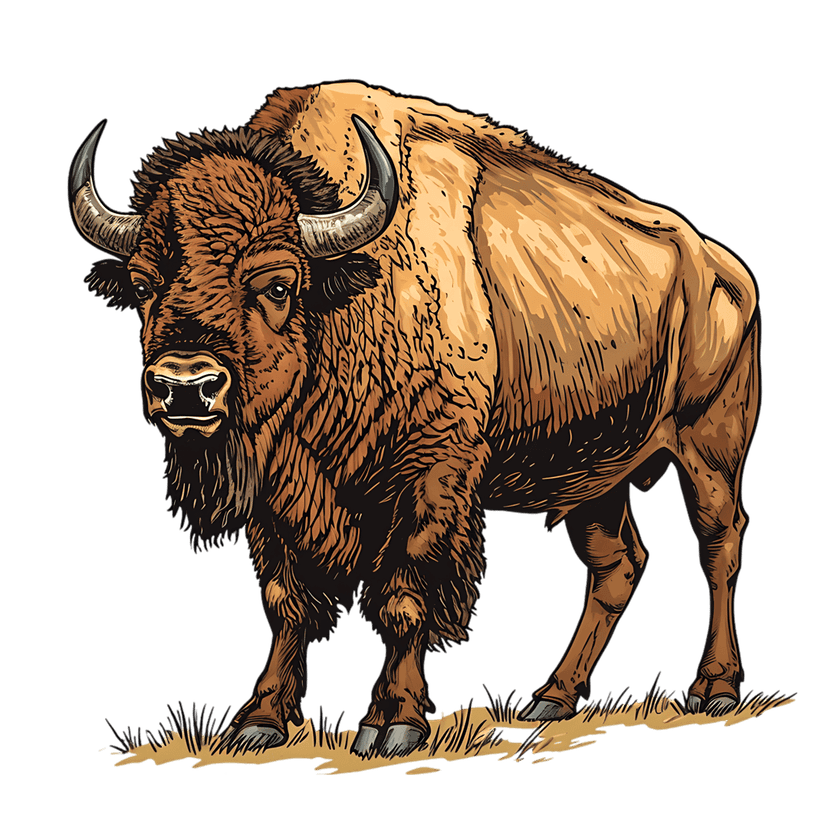 Bison illustration with shaggy brown fur and large horns standing over dry grass against a dark backdrop.