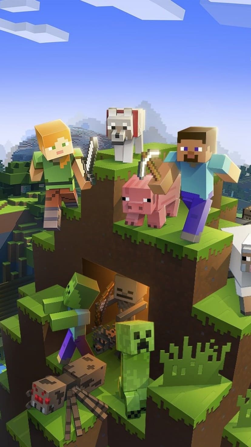 Alex and Steve stand atop a blocky hill with Minecraft mobs including a creeper, zombie, and spider.