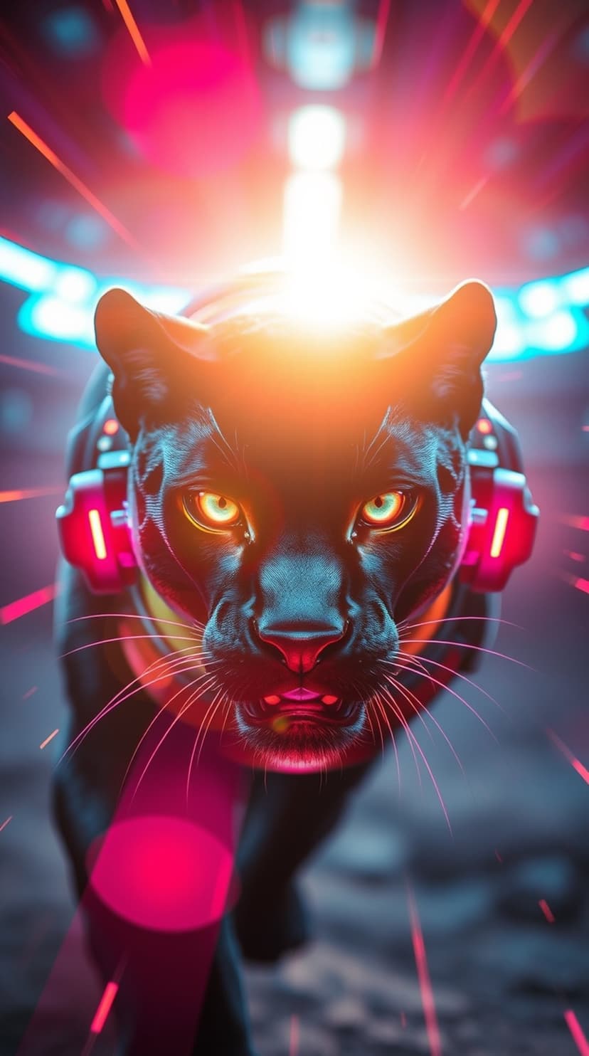 Black panther face with glowing eyes wearing neon pink and orange headphones in a dark futuristic setting.