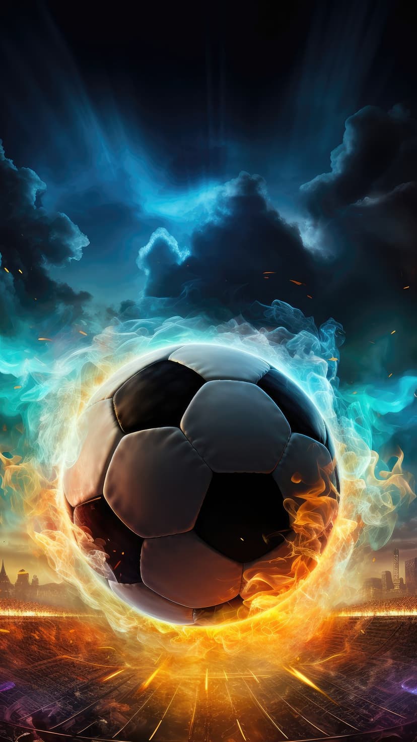 Soccer ball engulfed in orange flames and blue smoke trails above a dark glowing sports stadium at night.