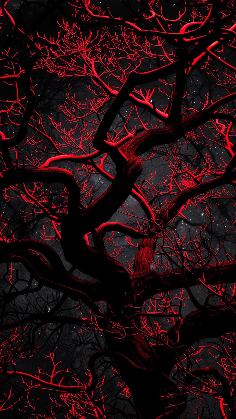 Red glowing tree limbs reach toward a dense field of white stars and cosmic clouds in a dark night sky.