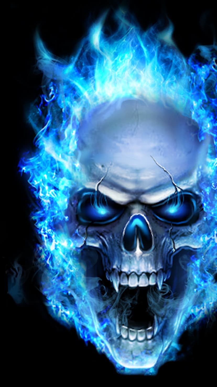 Skull with glowing blue eyes and sharp teeth engulfed in bright azure flames against a dark background.