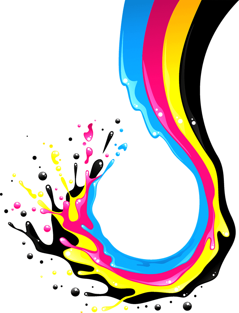 CMYK color splash illustration displays cyan magenta and yellow ink splatters with organic watercolor edges.