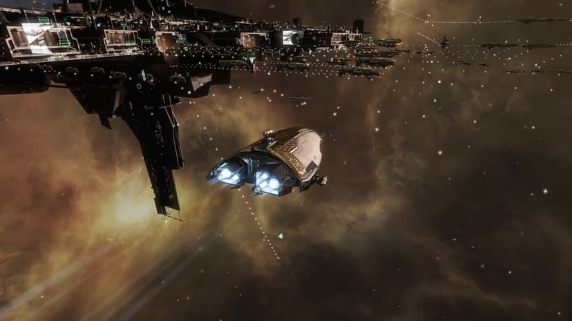 Golden spaceship with blue thrusters flies past a massive space station and fleet in a glowing amber nebula.