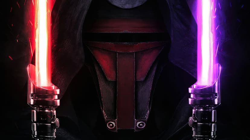 Revan wearing a red and black mask and hood, holding glowing red and purple lightsabers in a dark setting.