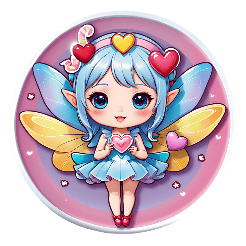 Chibi fairy sticker with blue hair holding a pink heart inside a circular purple gradient frame with wings.