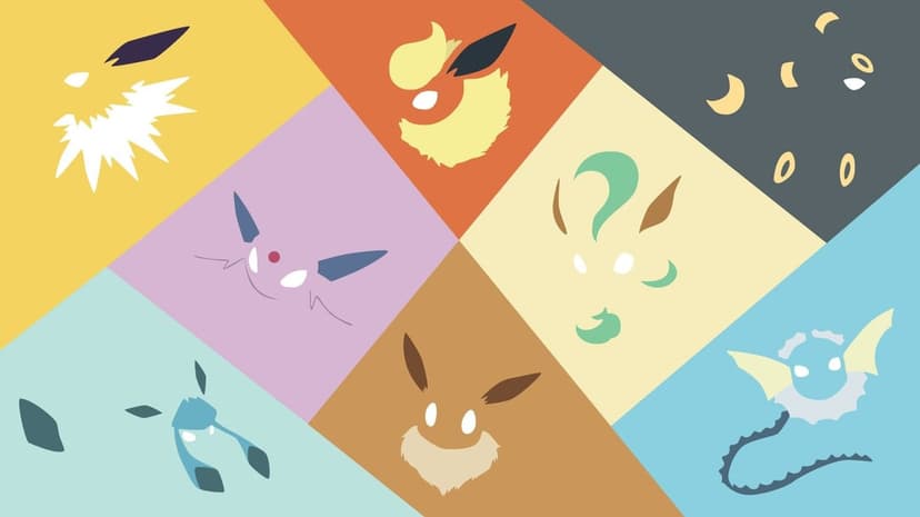 Vector art of Eevee and its evolutions in colorful diagonal segments with minimalist facial features.