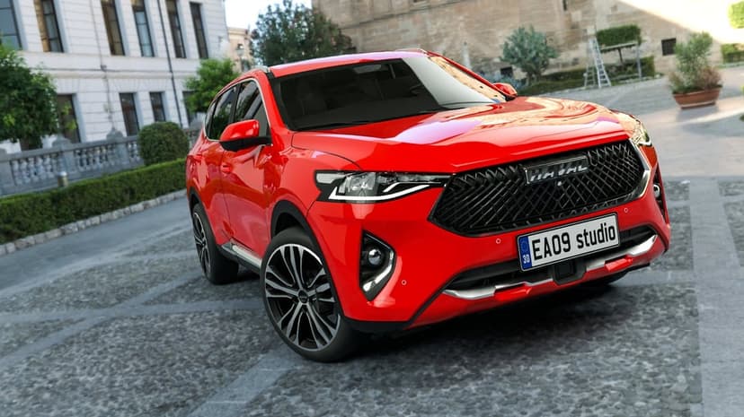 Red Haval SUV with a glossy finish parked on a cobblestone city street in front of historic stone buildings.