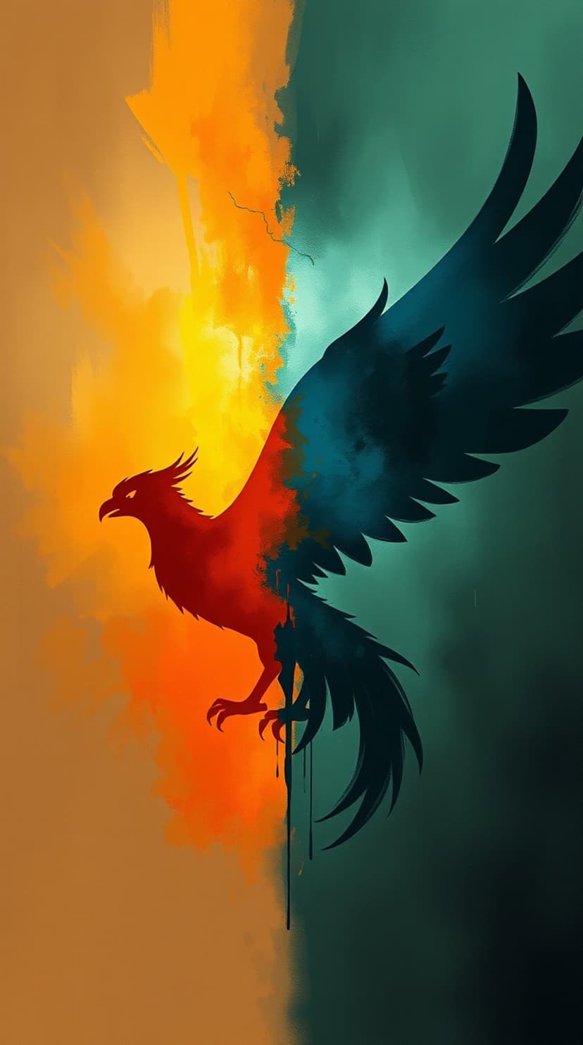 Stylized phoenix with glowing red feathers and dark blue tail feathers surrounded by vibrant ink drips.