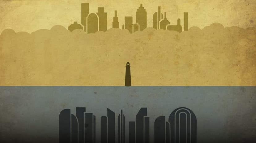 A split horizontal scene with a yellow sky city and blue underwater city silhouettes separated by a lighthouse.