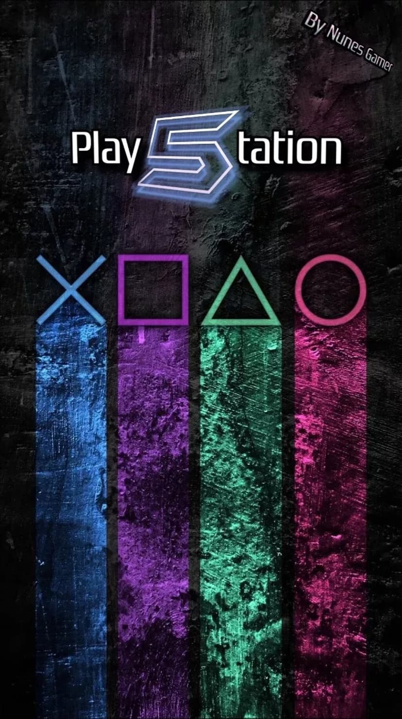 Neon blue PlayStation 5 logo centered over glowing cross, square, triangle, and circle icons on a black texture.